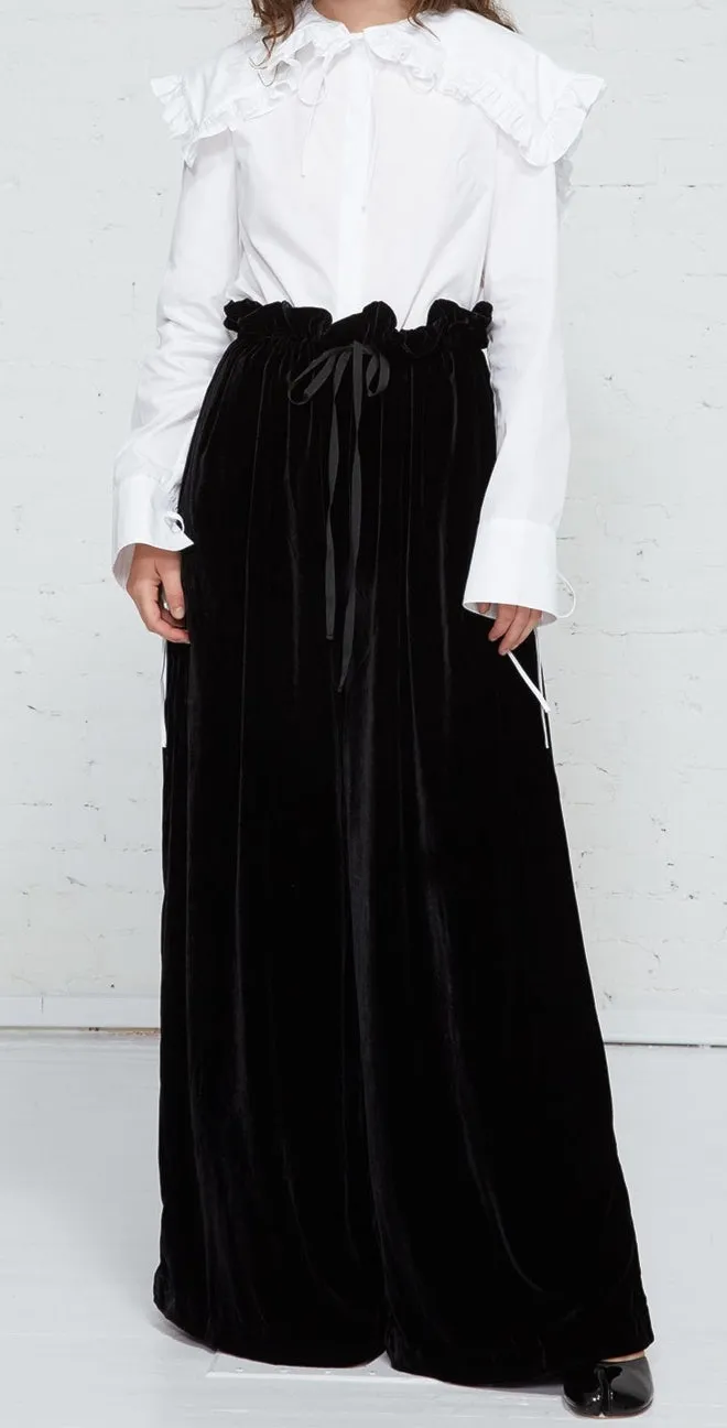 Long Extra Wide Leg Drawstring Trouser in Plush Black Velvet