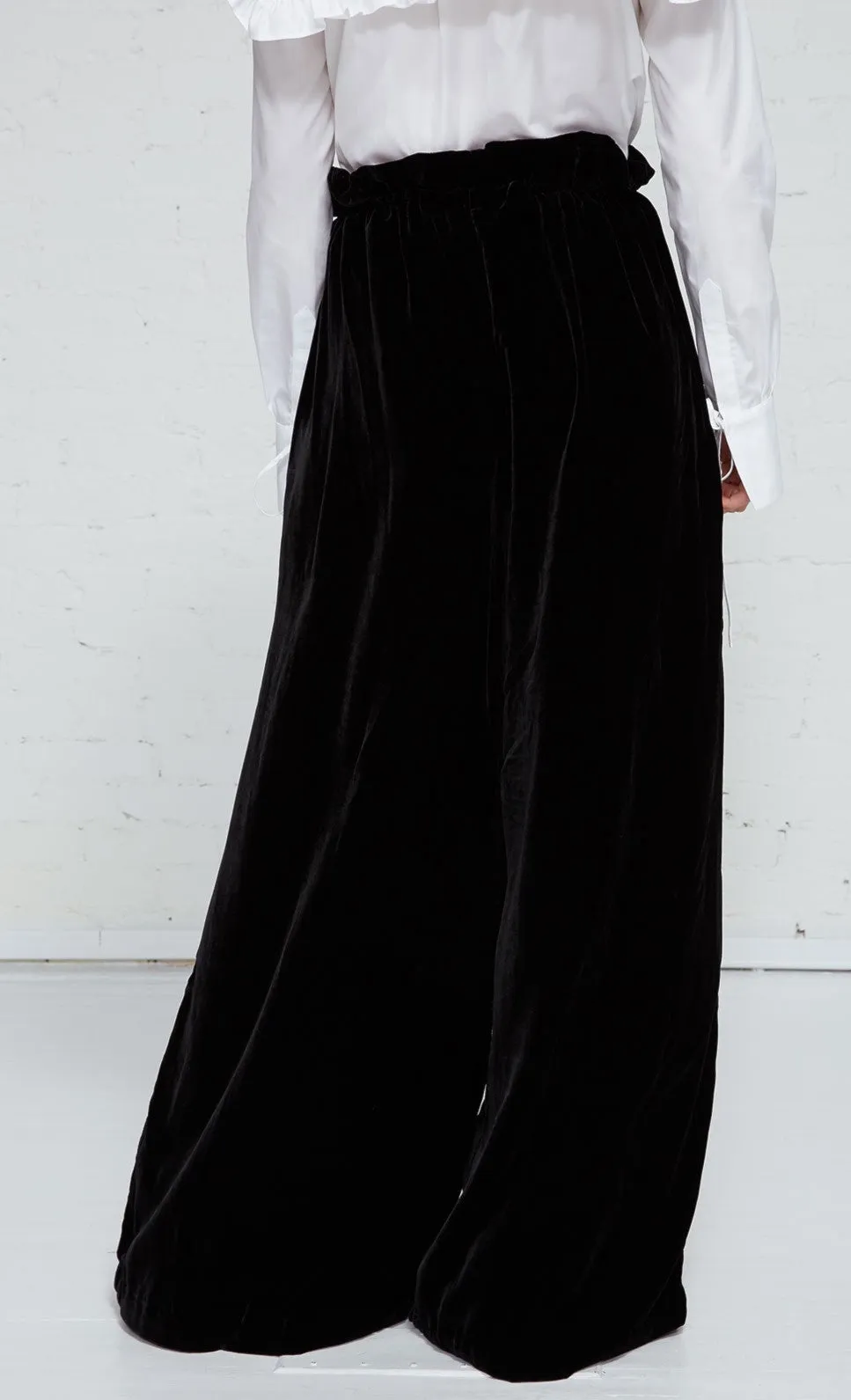 Long Extra Wide Leg Drawstring Trouser in Plush Black Velvet