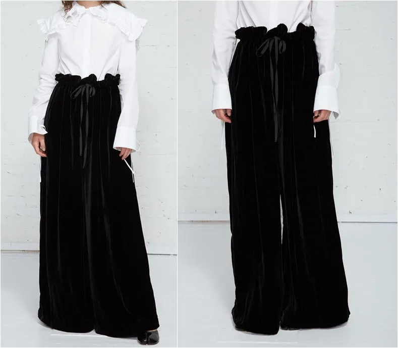 Long Extra Wide Leg Drawstring Trouser in Plush Black Velvet