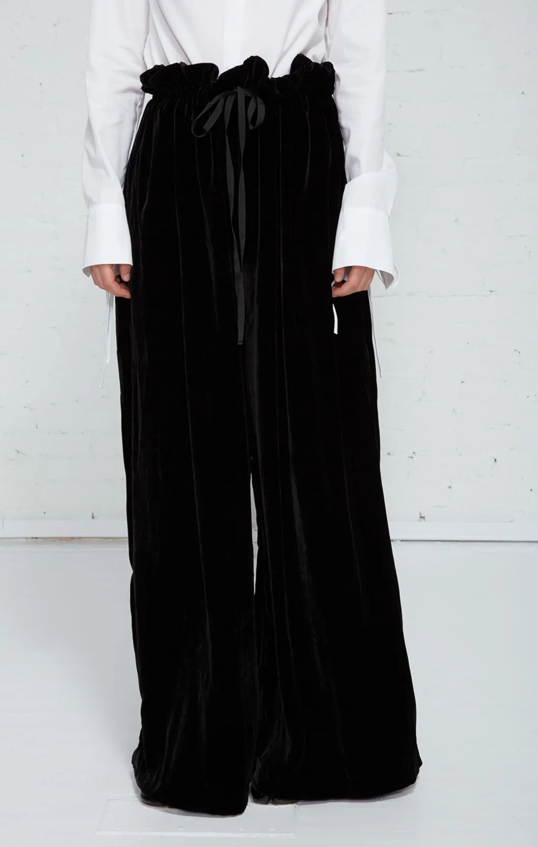 Long Extra Wide Leg Drawstring Trouser in Plush Black Velvet