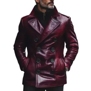 Men's Vintage Notch Lapel Double Breasted Slim Fit Leather Coat