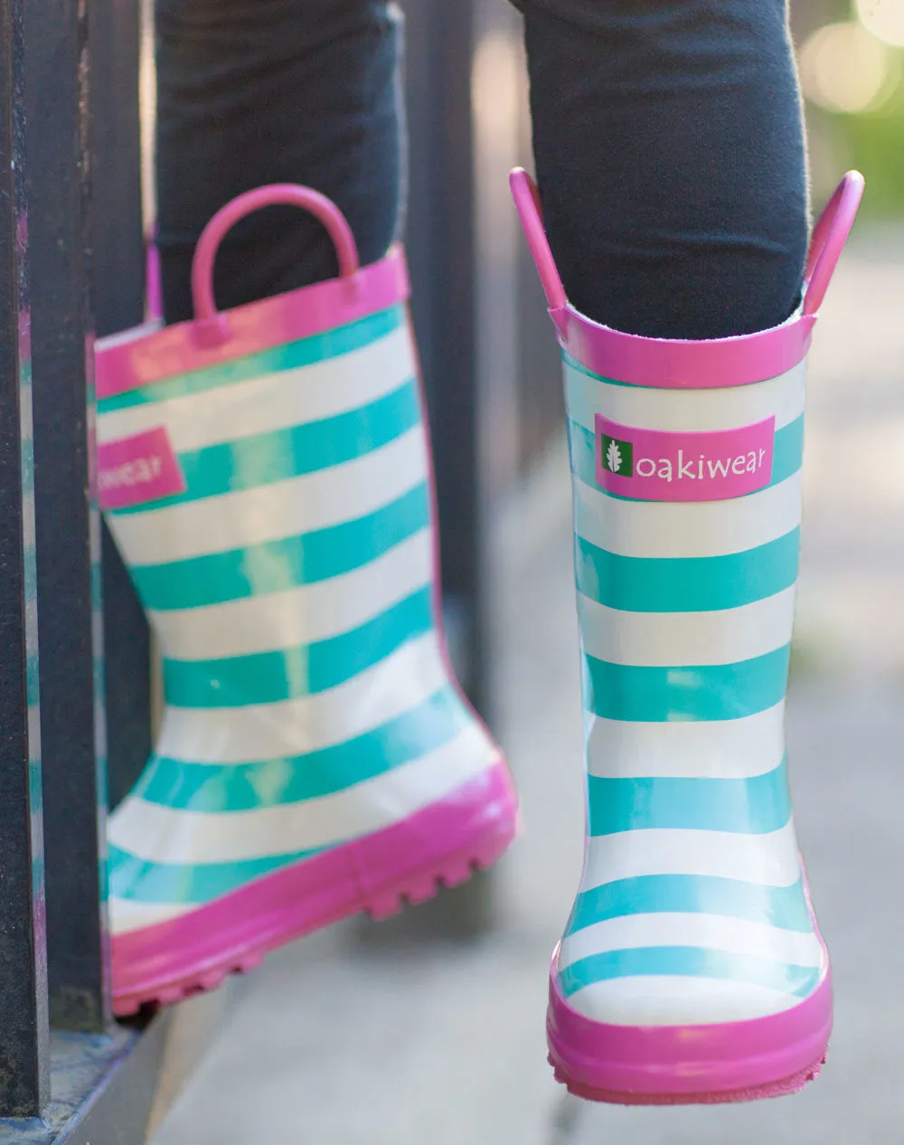 Mint, White & Pink Loop Handle Rubber Rain Boots