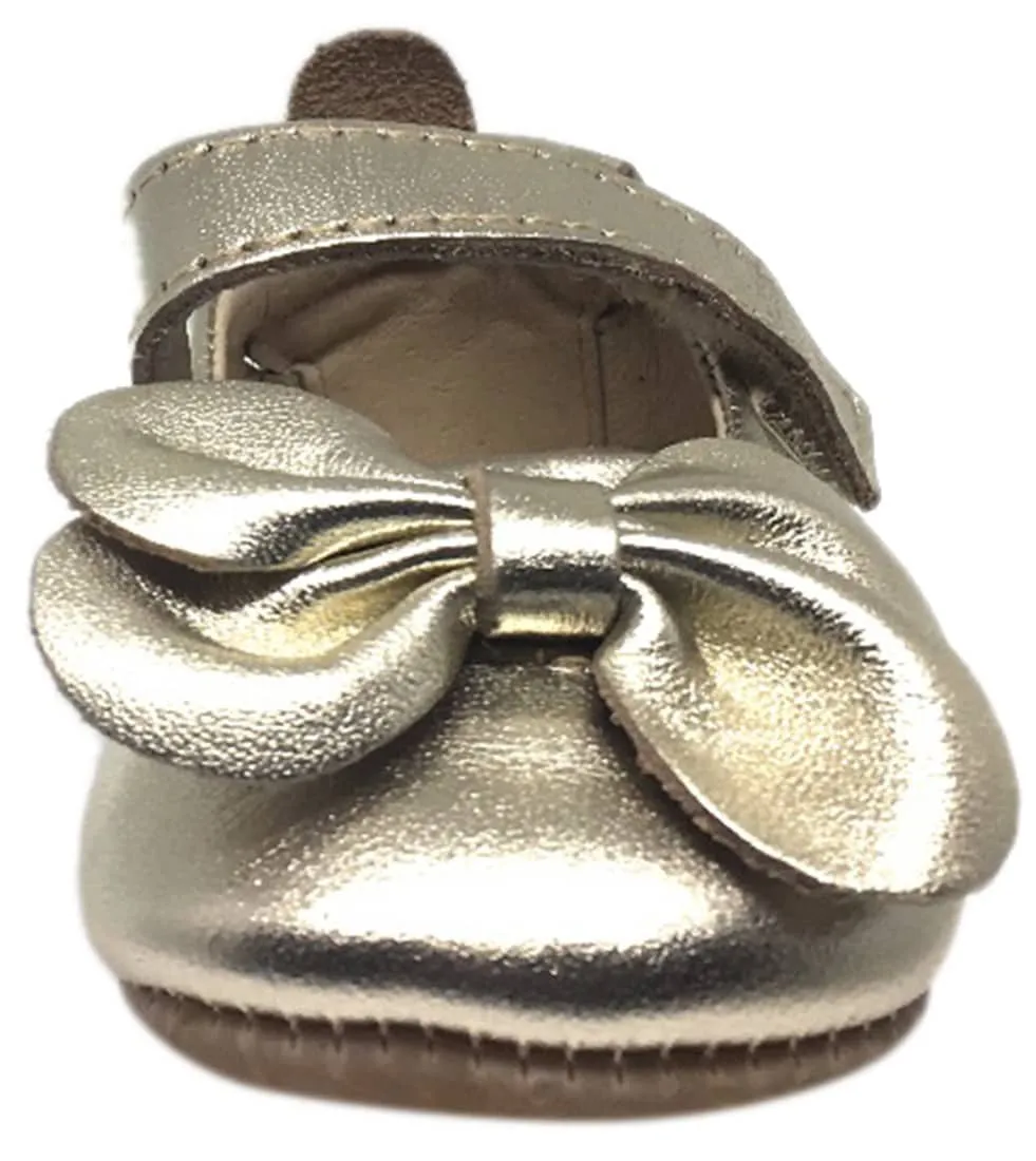 Old Soles Girl's Gold Leather Gab Bow Hook and Loop Mary Jane Crib Walker Baby Shoe