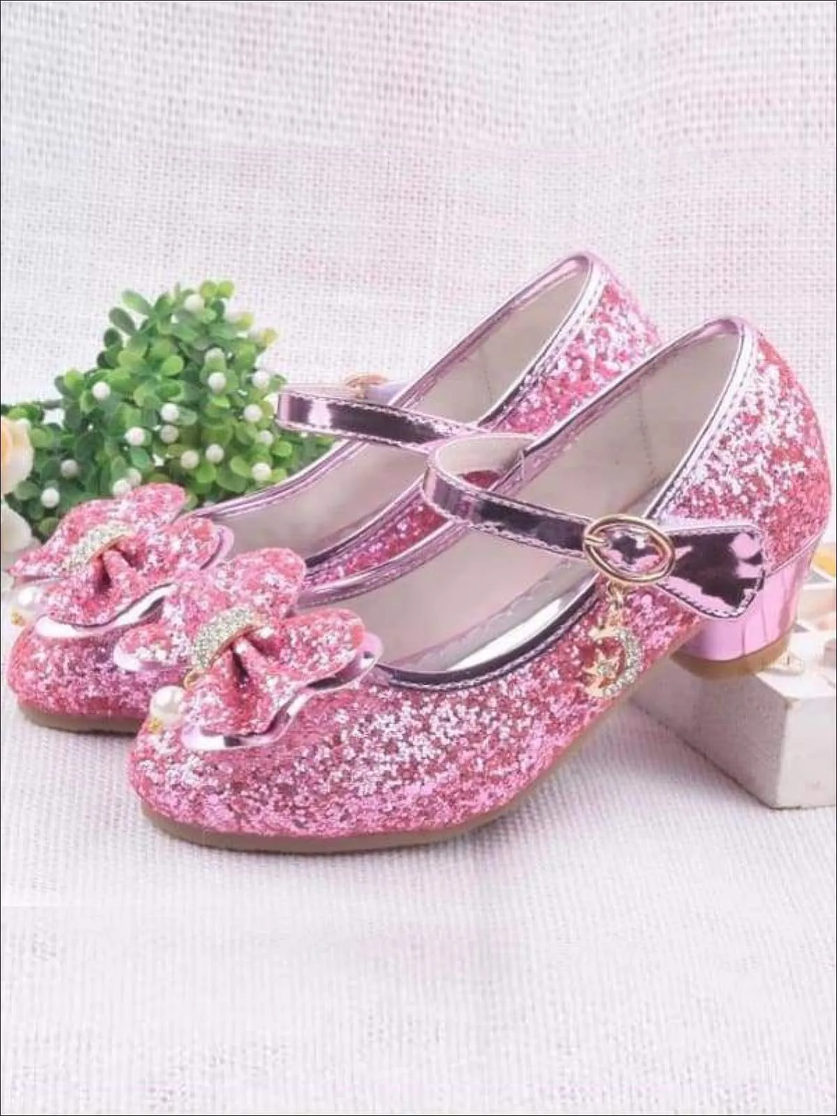 Pearl Embellished Bow Tie Mary Jane Glitter Princess Shoes By Liv and Mia