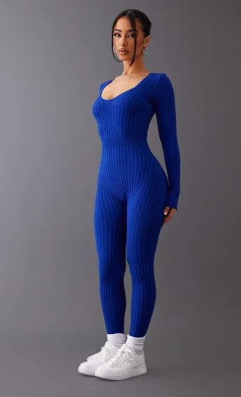 Petite Royal Blue Long Sleeve Knitted Jumpsuit