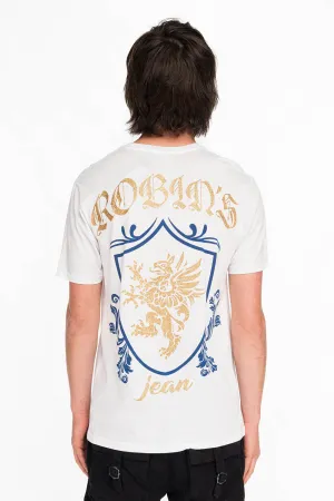 ROBINS GOLD GLITTER EAGLE CREST TEE IN WHITE