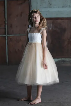 Serenity Satin Top Girls Dress with Short Pearl Capped Sleeves and Glitter Skirt