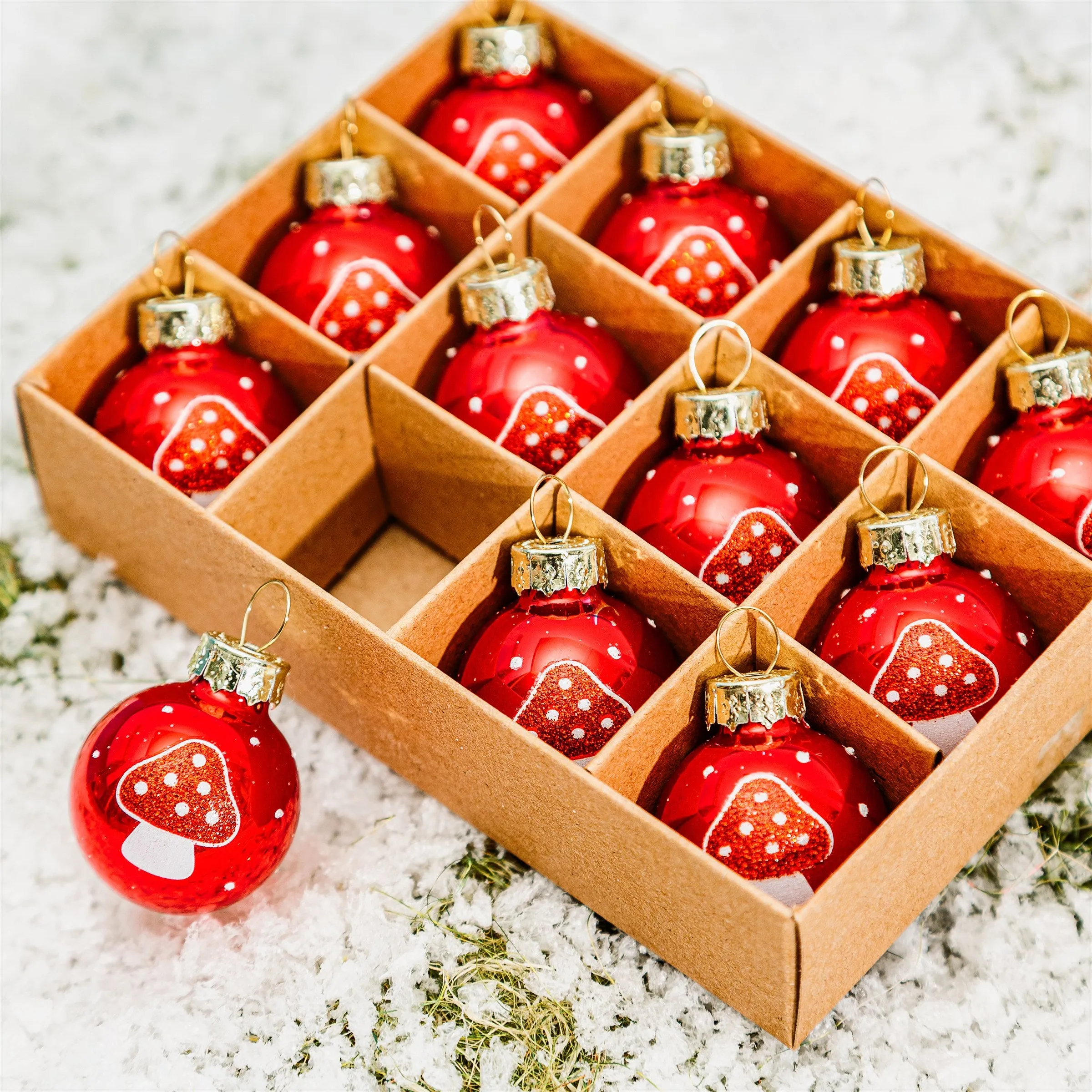 Set of 12 Mini Glass Mushroom Ornaments