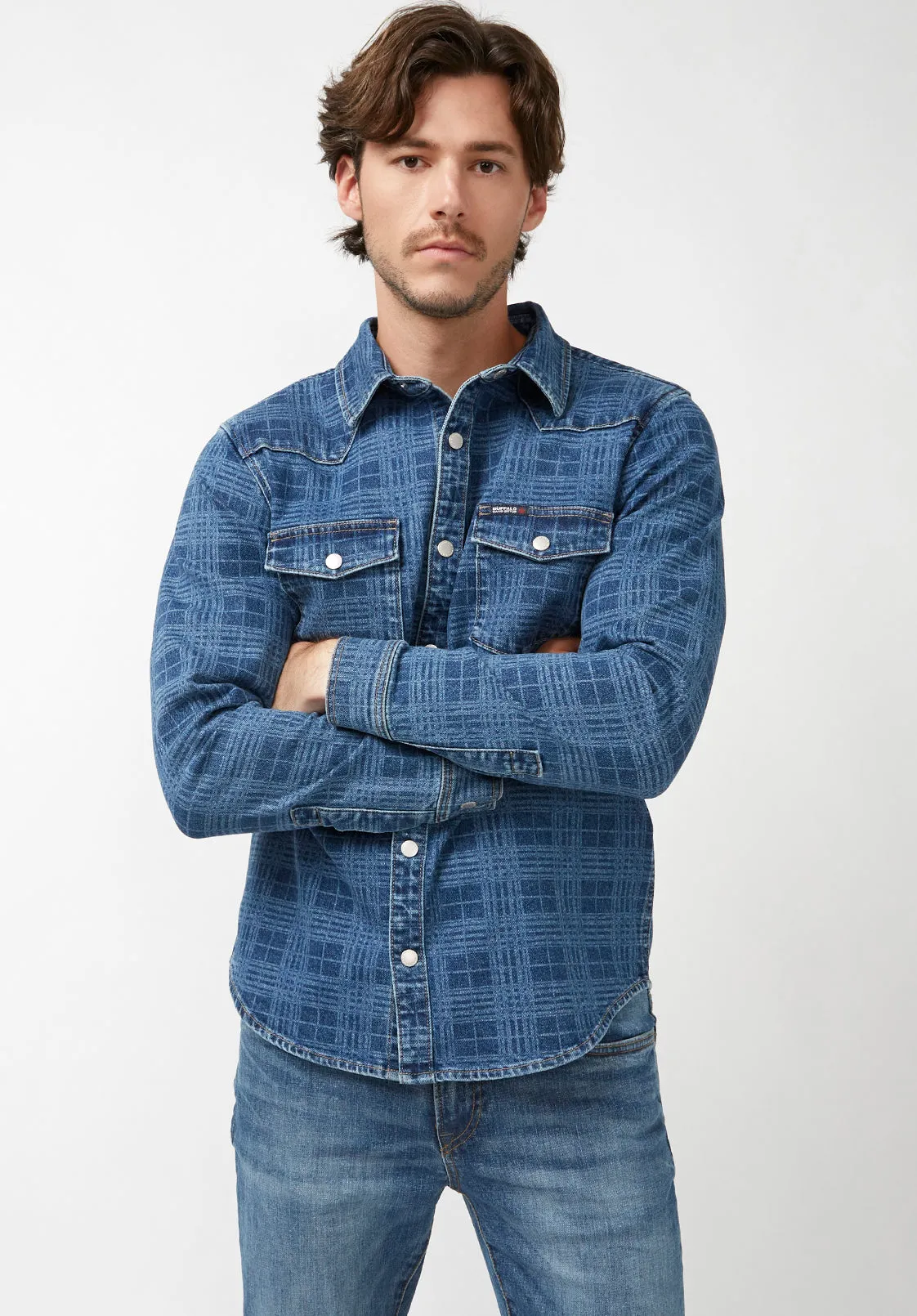 Shane Men's Long-Sleeve Denim Shirt in Indigo Plaid - BM22937