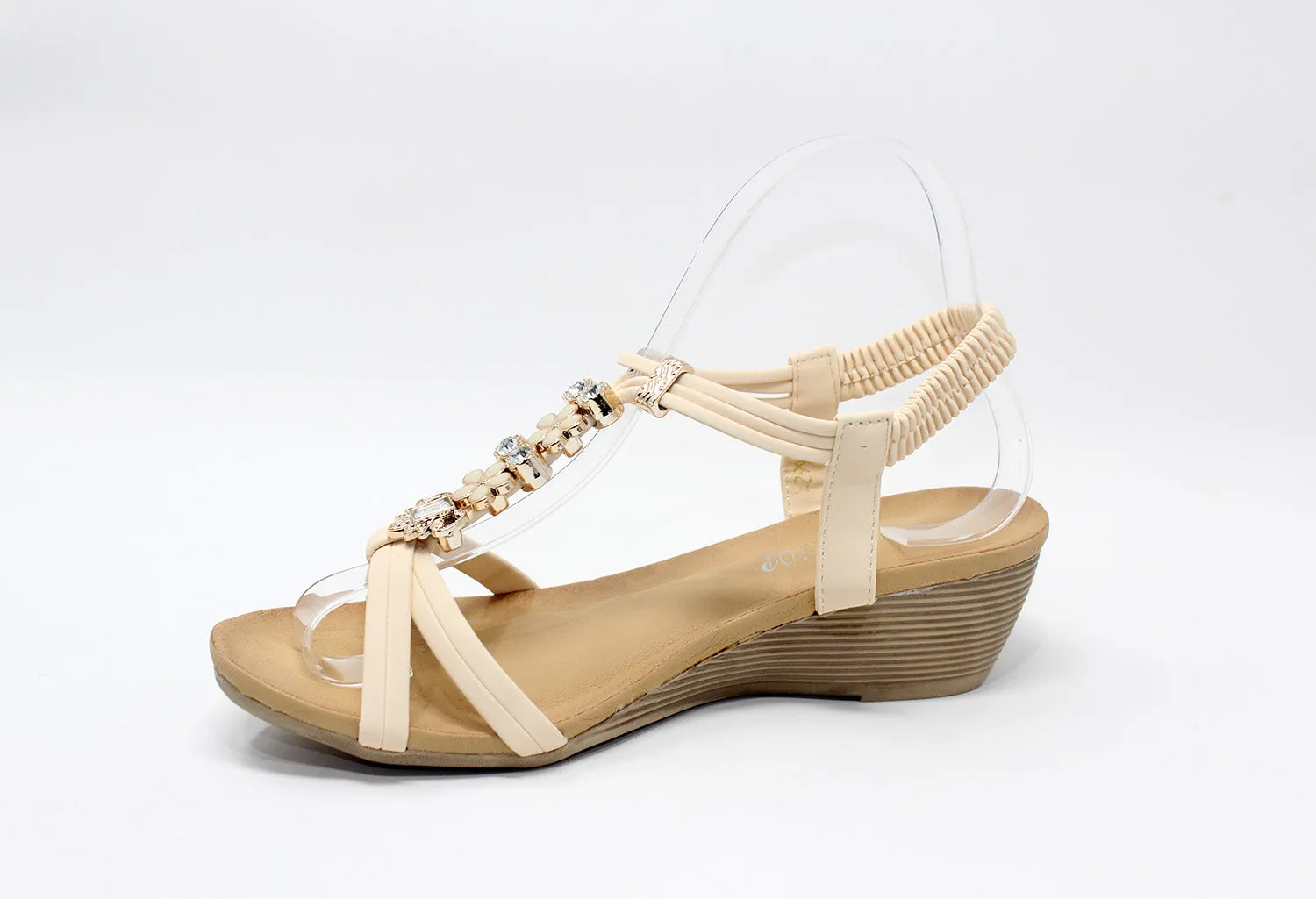 SHOE LOUNGE GLITTERED DETAIL STRAP WEDGE SANDAL IN BEIGE