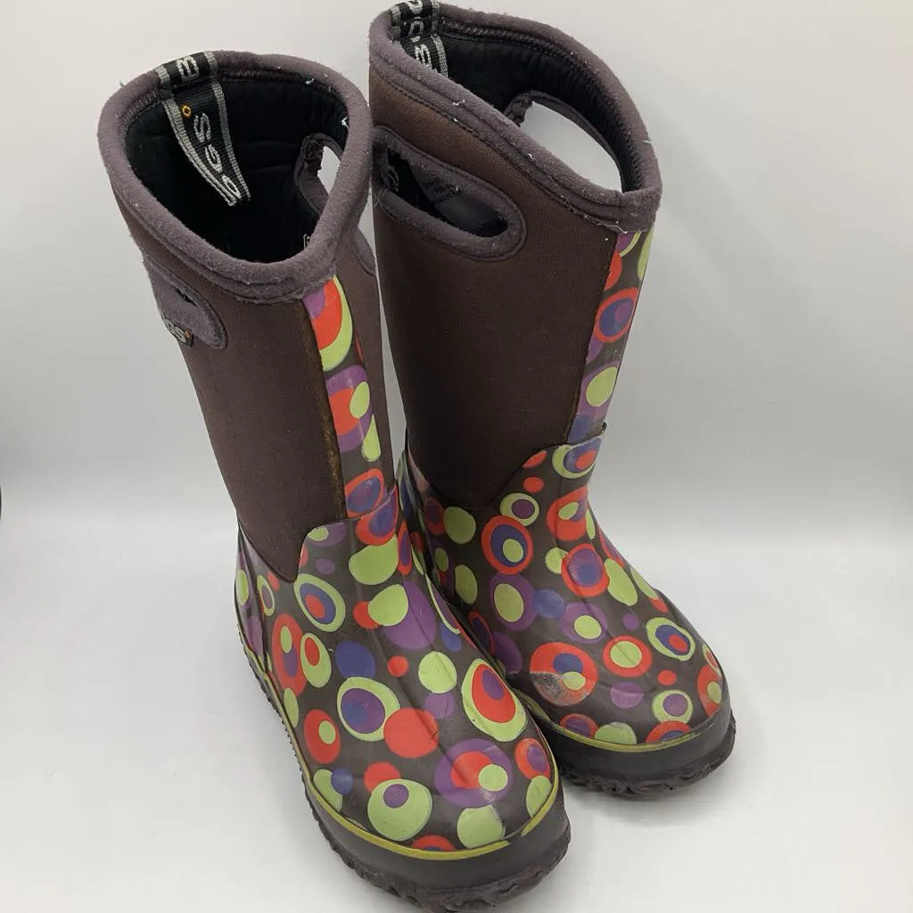 Size 11: Bogs Brown Green/Red/Purple Polk-a-Dots Insulated Rain Boots