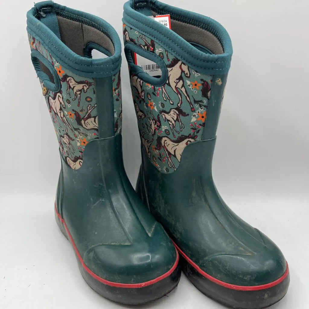 Size 12: Bogs Teal Green White Horse Insulated Rain Boots