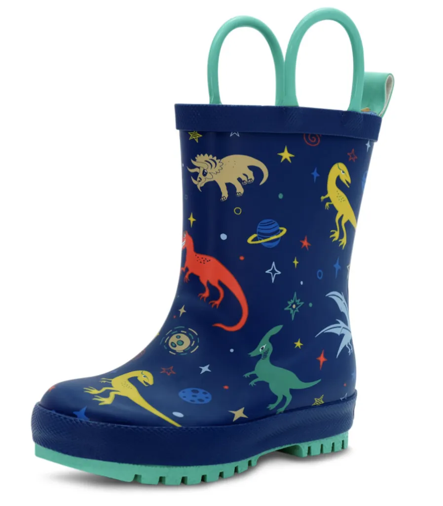 Size 12: Jan & Jul SPACE DINOS Puddle Dry Loop Handle Rain Boots NEW