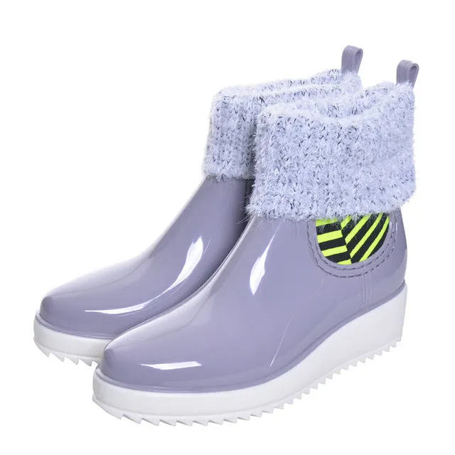 Synthetic Leather Lined Fluffy Rain boots