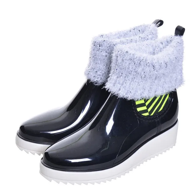 Synthetic Leather Lined Fluffy Rain boots