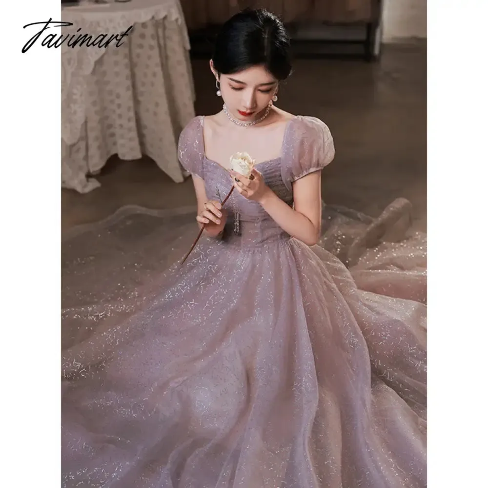 TAVIMART  -  Purple Bridesmiad Dress Short Puff Sleeve Square Collar Pleated Elegant Glitter A-Line Tulle Princess Formal Party Evening Gowns