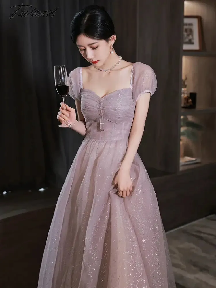 TAVIMART  -  Purple Bridesmiad Dress Short Puff Sleeve Square Collar Pleated Elegant Glitter A-Line Tulle Princess Formal Party Evening Gowns