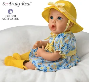 The Ashton-Drake Galleries Singing in The Rain So Truly Real® Interactive Lifelike Baby Girl Doll That Babbles with Custom 4-Piece Rain Themed Ensemble Complete with Rain Boots and A Bucket Hat 21"-Inches