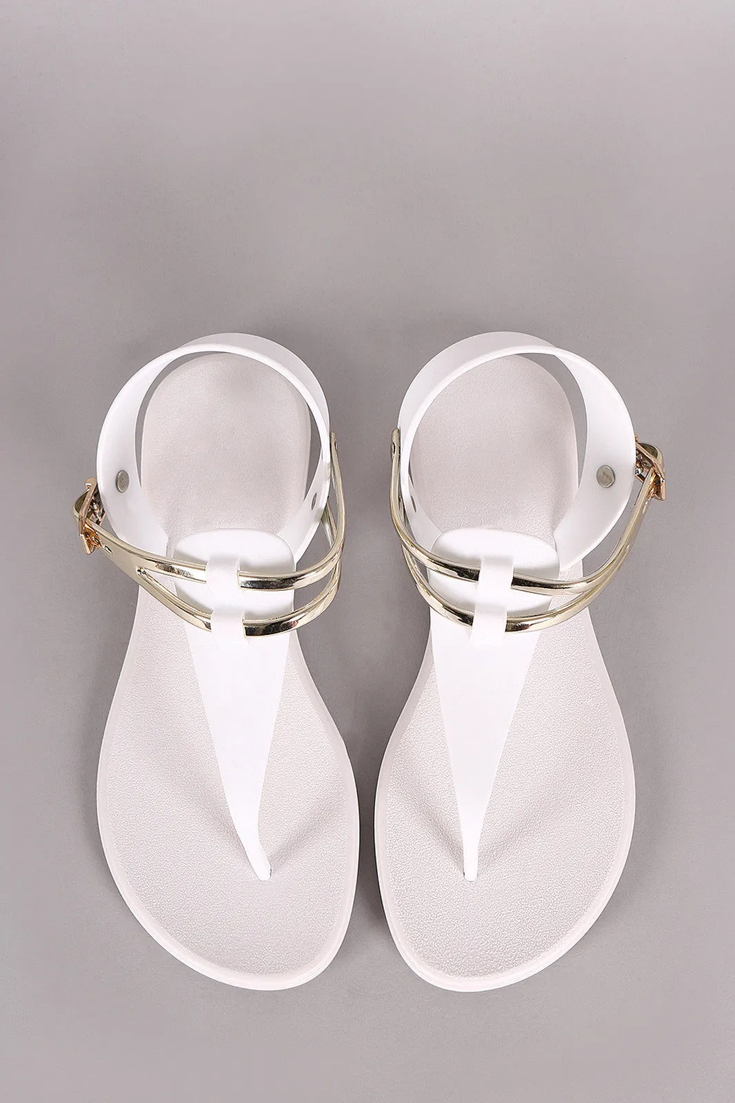 Two Tone Jelly T-Strap Thong Flat Sandal