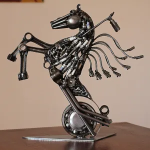 Upcycled Metal Motorcycle Horse Sculpture from Mexico - Iron Horse | NOVICA