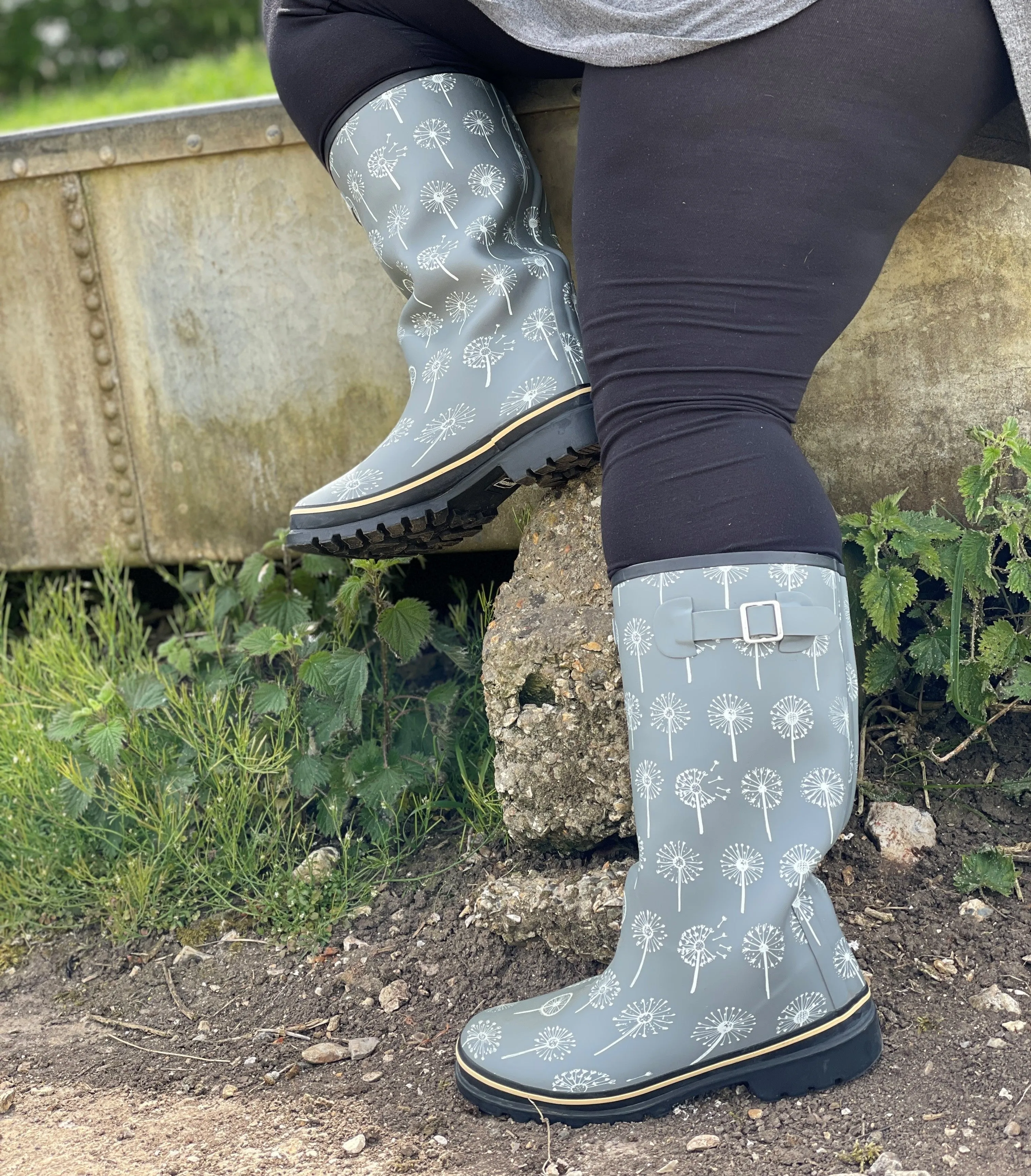 Wide Calf Rain Boots - 15 to 18 inch calf - Grey Dandelion - Wide in Foot and Ankle