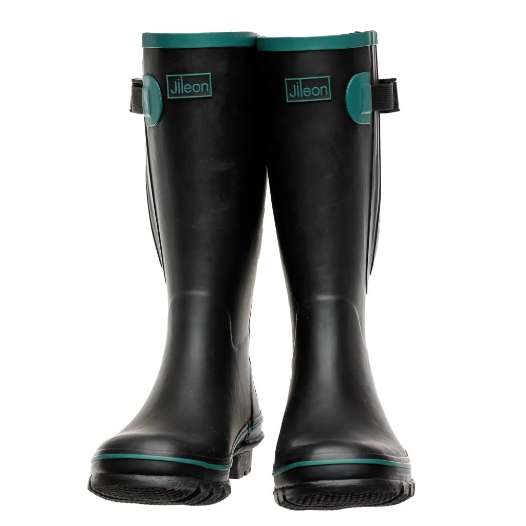 Wide Calf Rain Boots - 15 to 19 inch calf - Black with Teal Trim - Regular Width in Ankle