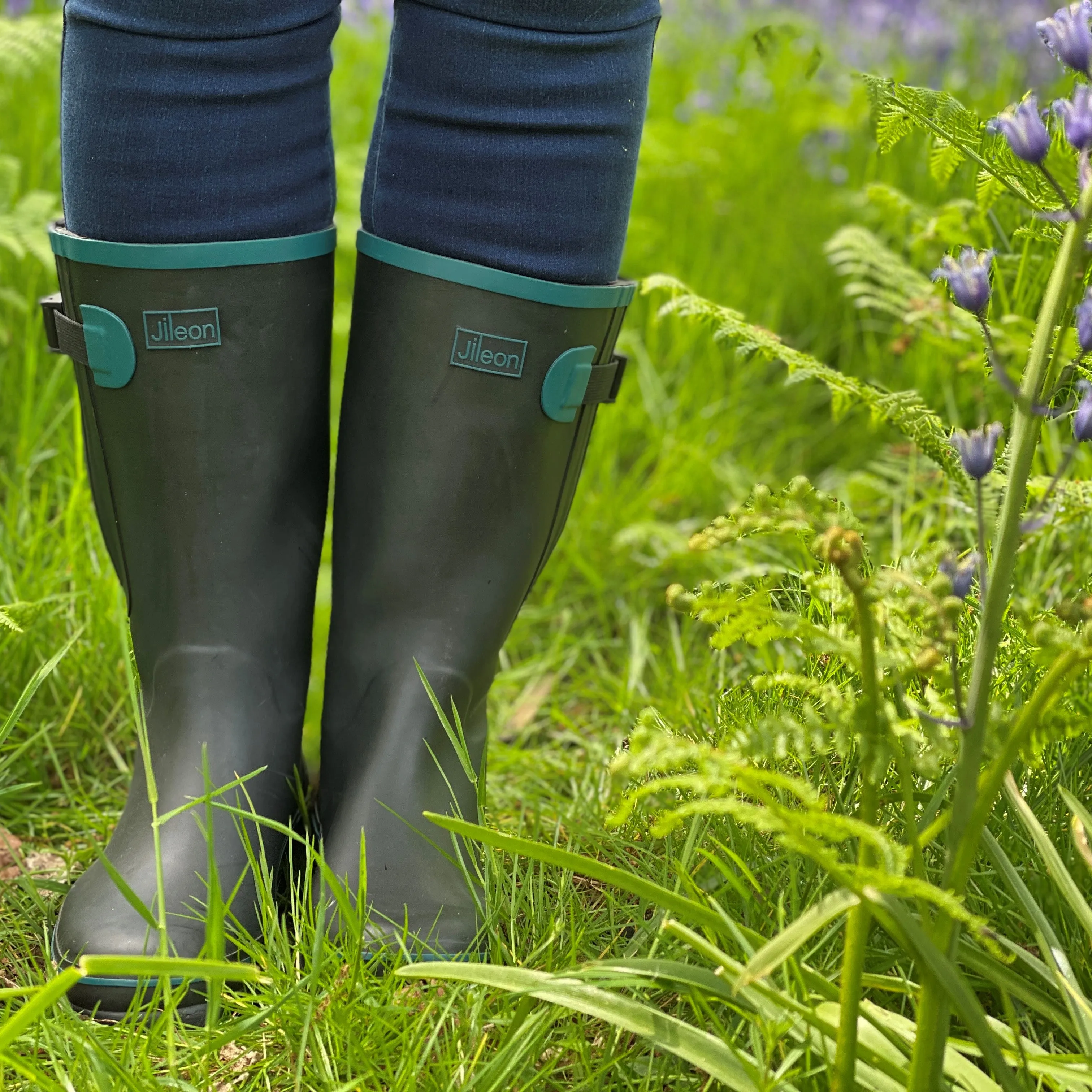 Wide Calf Rain Boots - 15 to 19 inch calf - Black with Teal Trim - Regular Width in Ankle