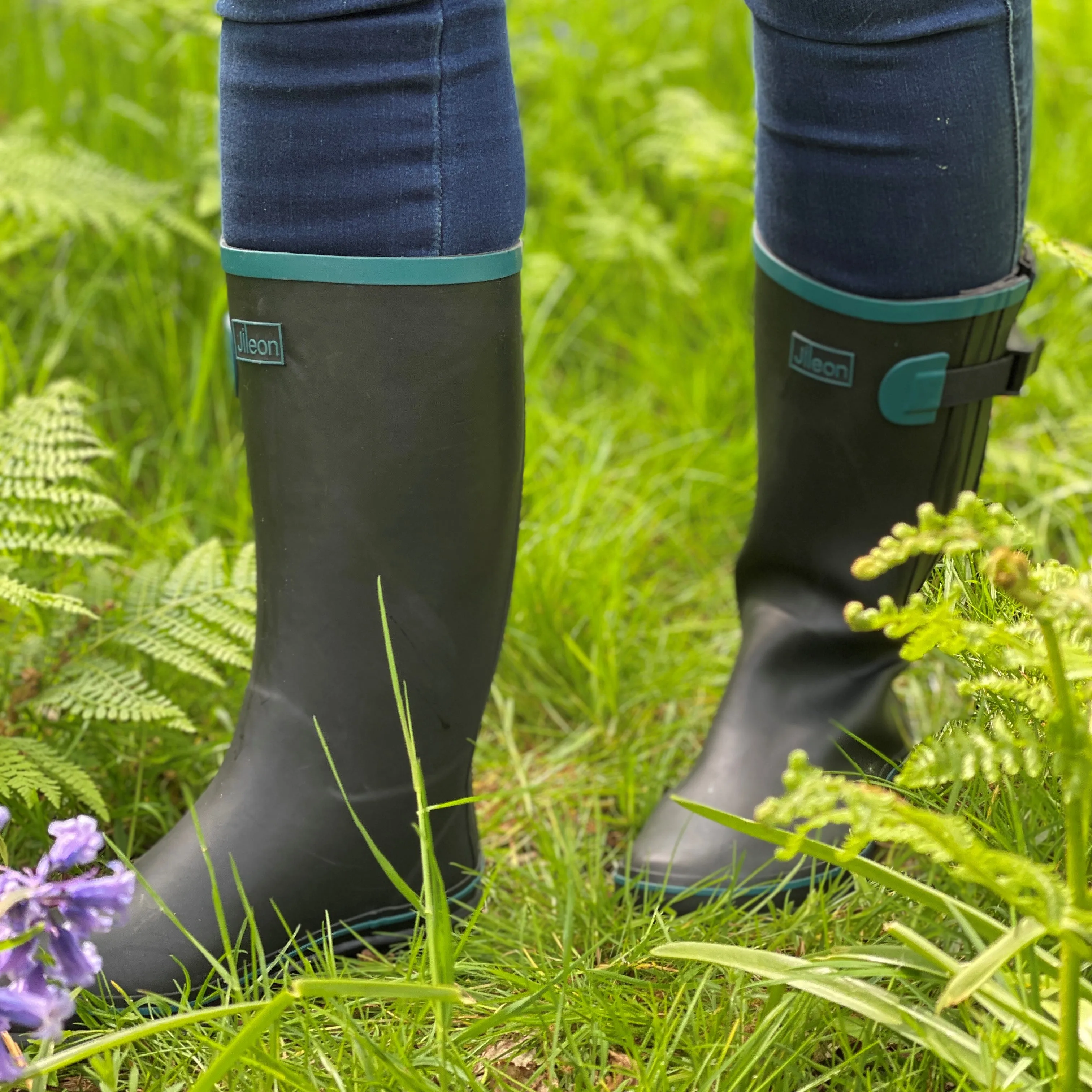 Wide Calf Rain Boots - 15 to 19 inch calf - Black with Teal Trim - Regular Width in Ankle