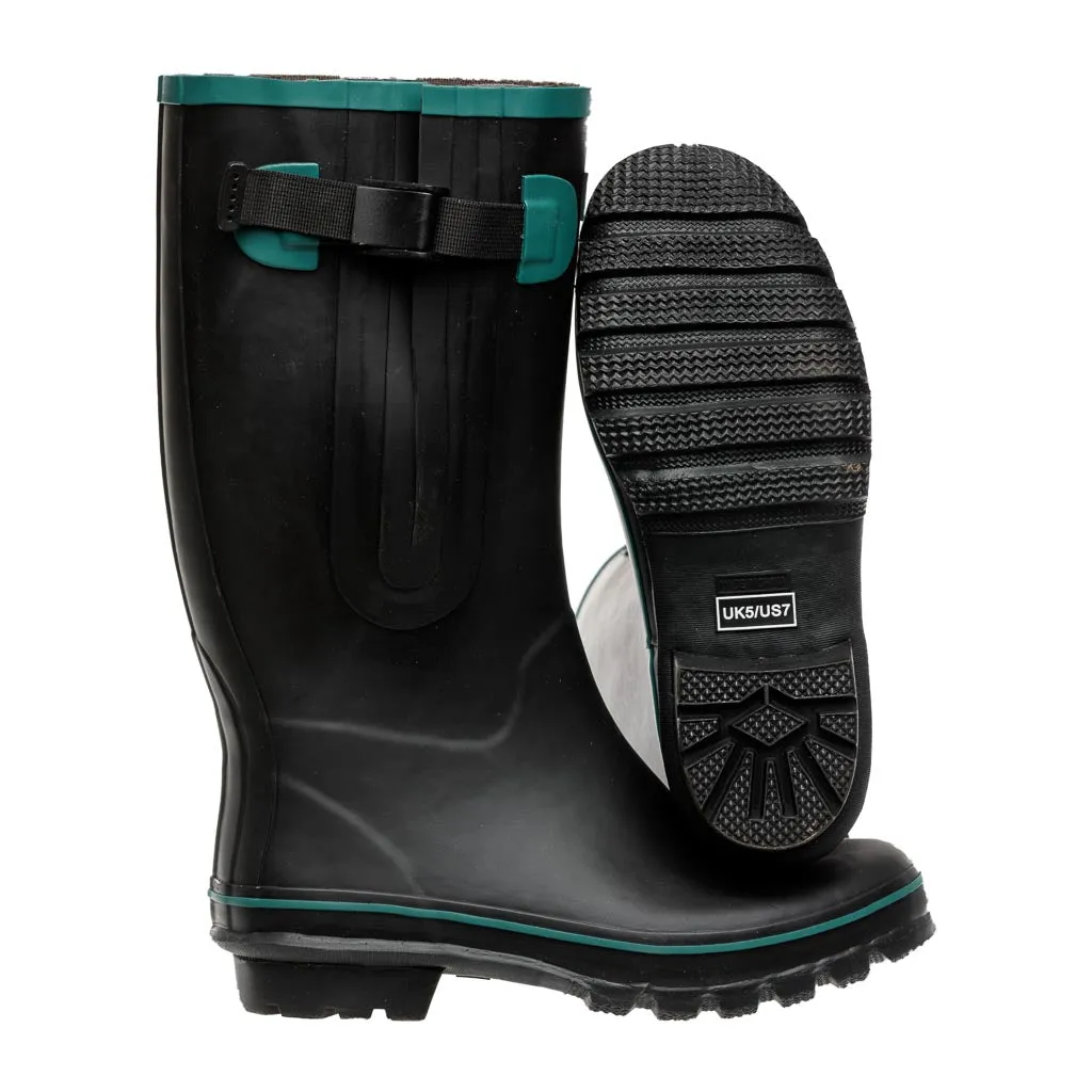 Wide Calf Rain Boots - 15 to 19 inch calf - Black with Teal Trim - Regular Width in Ankle