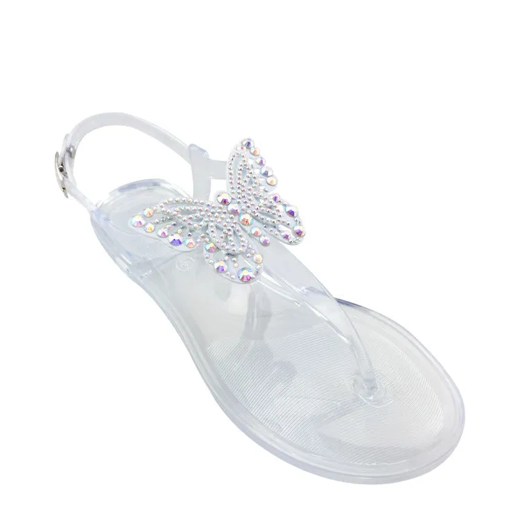 Women butterfly rhinestone buckle strap flat jelly sandals