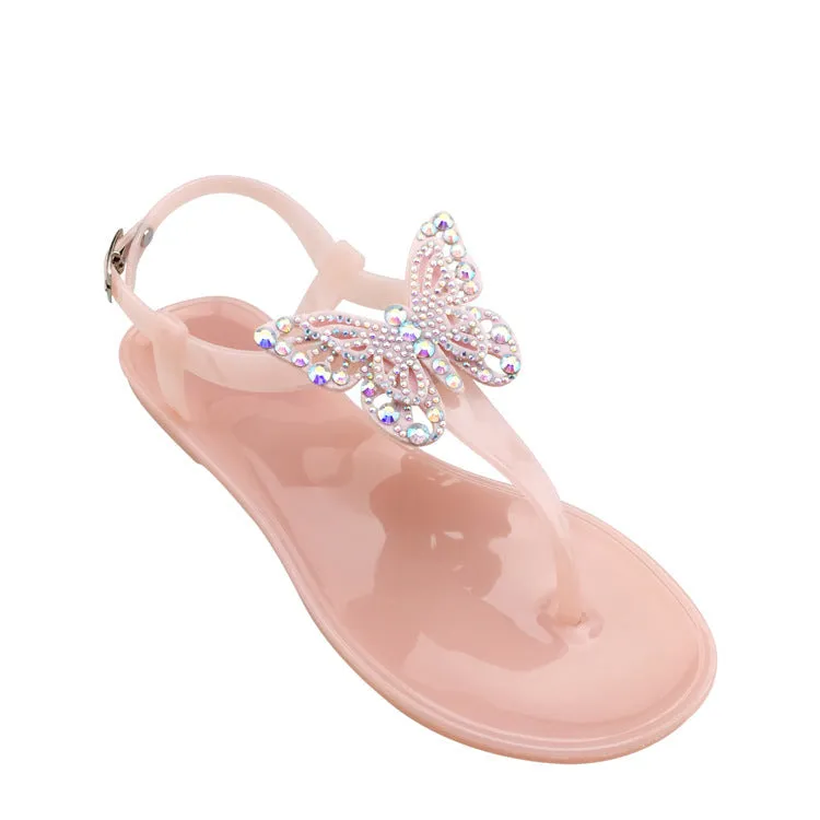 Women butterfly rhinestone buckle strap flat jelly sandals