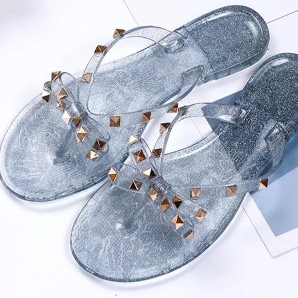 Women Fashion Studded Bow Jelly Sandals Summer Beach Flip Flips