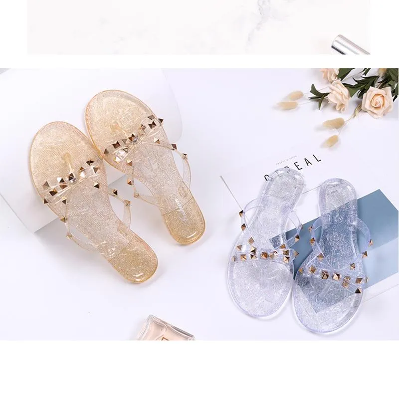 Women Fashion Studded Bow Jelly Sandals Summer Beach Flip Flips