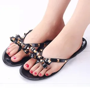 Women Fashion Studded Bow Jelly Sandals Summer Beach Flip Flips