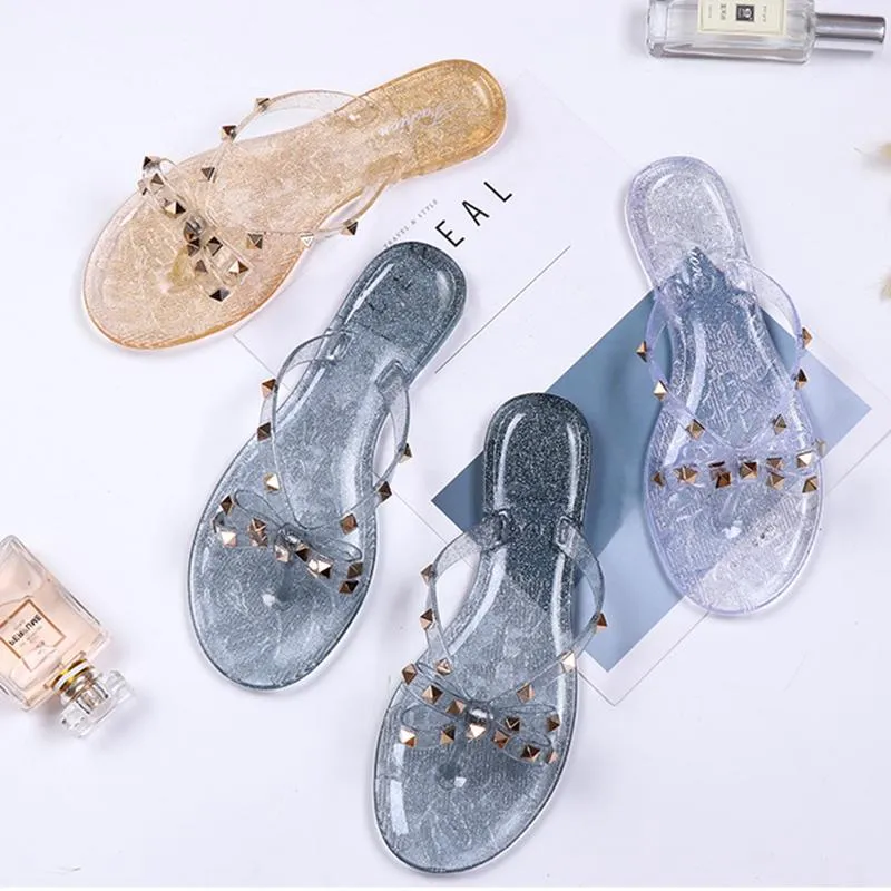 Women Fashion Studded Bow Jelly Sandals Summer Beach Flip Flips